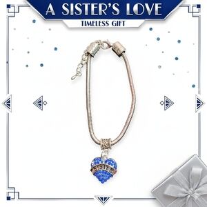 Sister Heart Charm Bracelet Blue Rhinestone Snake Chain